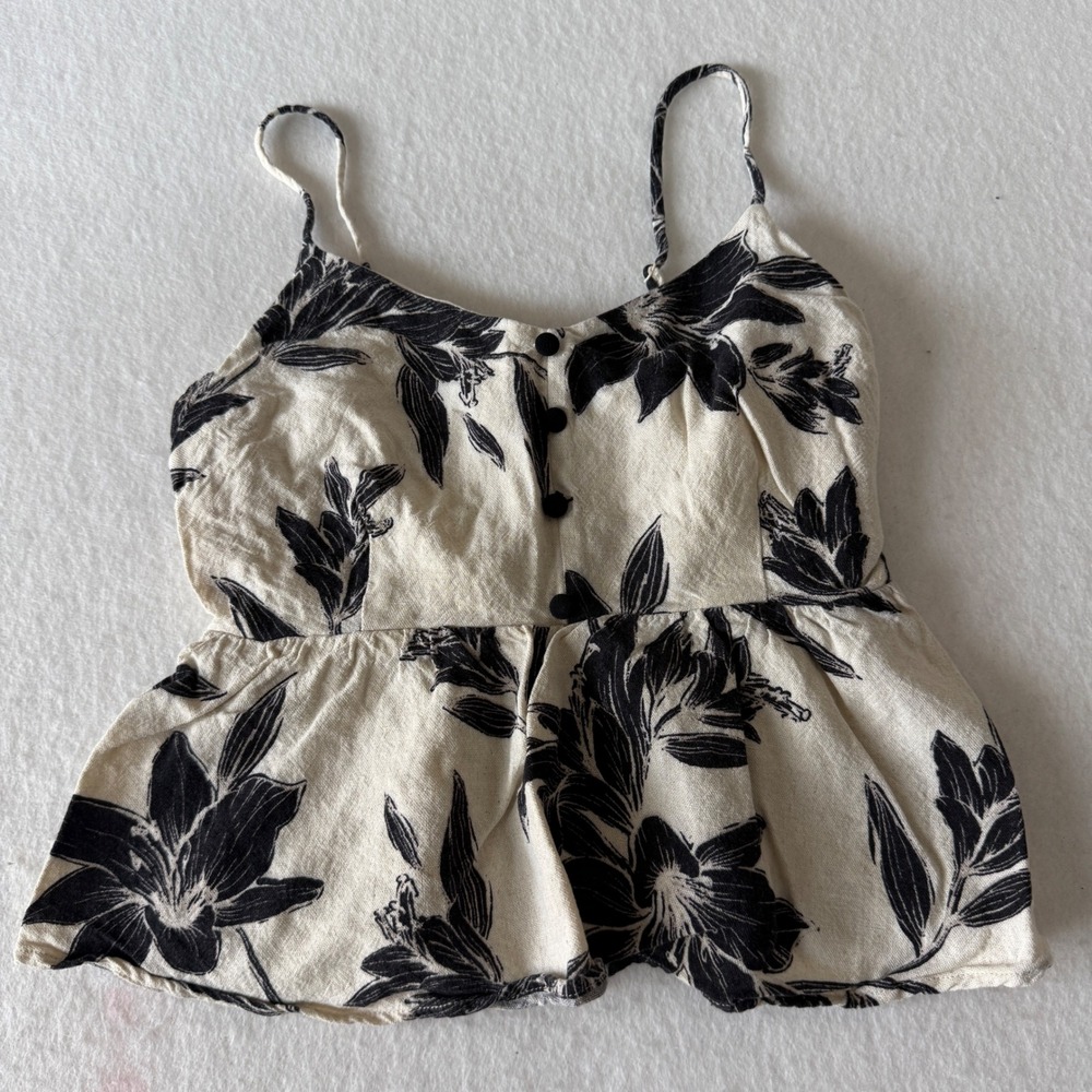 Monteau LA Floral Smocked Peplum Boho Cami Top Womens S Cream Black Summer